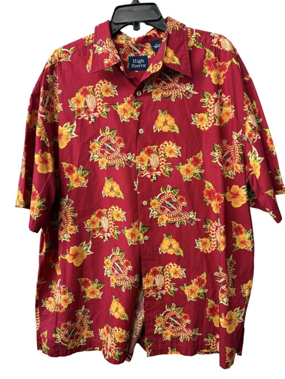 High Sierra Mens Hawaiian Shirt XL Red Yellow Floral Button-Down 100% Cotton Sum